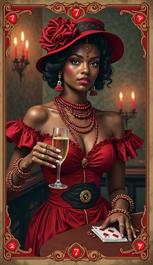 Uma mulher africana com cabelo preto usando um impressionante vestido midi vermelho com fenda lateral profunda, hauntingly beautiful detailed eyes and luscious lips. Ela fica confiante em um bar medieval, surrounded by rustic wooden furniture and dim candlelight. The bar is filled with a mix of customers, alguns vestidos com trajes medievais tradicionais e outros com roupas modernas, creating a unique fusion of old and new. The woman exudes an air of grace and strength, your posture catching the attention of the busy crowd. The scene is bathed in heat, Tons dourados, launching a cozy and mysterious atmosphere. A luz das velas tremeluzentes cria sombras suaves, adding depth and texture to the atmosphere. The painting medium used is oil, permitindo ricos, cores vibrantes e pinceladas finas. A obra de arte visa a melhor qualidade, comparable to a masterpiece at 4k or 8k resolution, com recursos ultra-detalhados e um, Photorealistic rendering style. The overall composition captures a snapshot of a captivating moment in time, convidando os espectadores a mergulhar no mundo intrigante desta mulher africana num bar medieval.