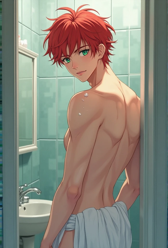 absurdres, highres, ultra detailed, HDR, master piece, best quality, extremely detailed, Dante, red hair, long hair, tanned skin, expressive blue eyes, Nu Carnival, solo, sexy man, handsome, horny, sensual, without clothes, naked, taking a shower, bathroom, water, bathtub, sitting