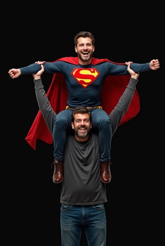 Group of 5 ordinary people, men, women and children, They are between 8 and 60 years old, dressed as superman with a cape, They wear colorful shirts, Each one wears a small red clown nose, Three of them have their arms raised, They have expressions of surprise and joy, They are standing in the middle of a theatre stage with the curtain open. 