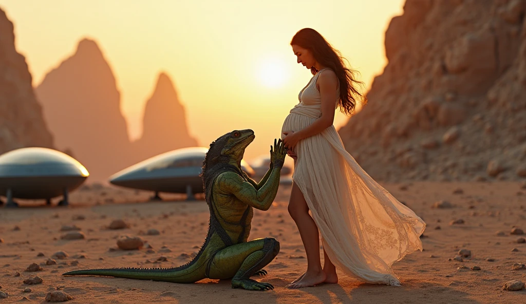 A giant alien keeps hand on a brown blonde hair pregnant woman
