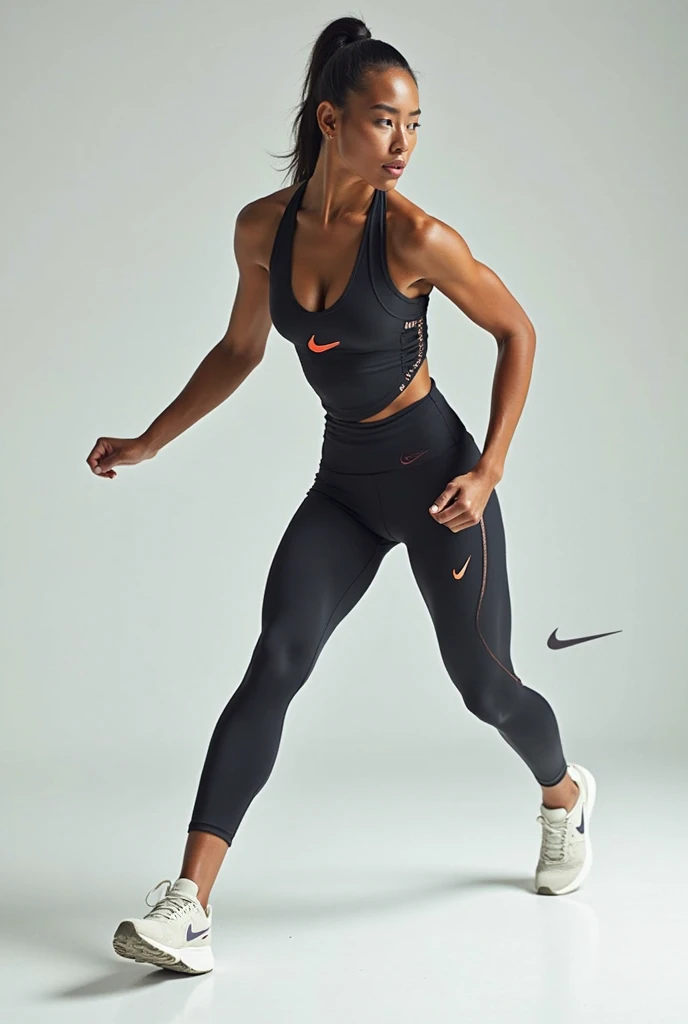 full body of an image of a beautiful lady model in her late 30s to early 40s. She should be white, with an athletic body type and a fit appearance, exuding a playful and energetic vibe. Her hair is medium-length, brown, and styled in a sporty yet chic manner. Her clothing should reflect a fitness-oriented lifestyle, including an outfit that is fitness wear The model should have a friendly and approachable expression, ideally with a smile. The image should show a full view of her body. She is wearing white Nike shoes. The background should be simple and complement the fitness theme, perhaps an outdoor setting track