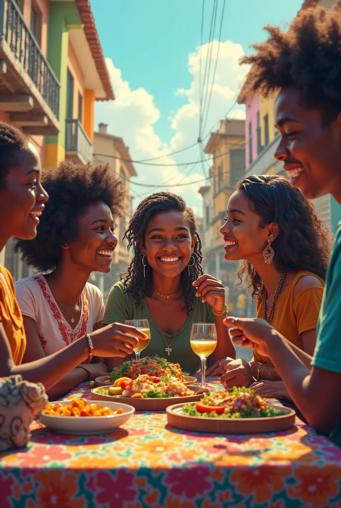 African woman accompanied by Asian woman and accompanied by American woman eating pizza in Brazil