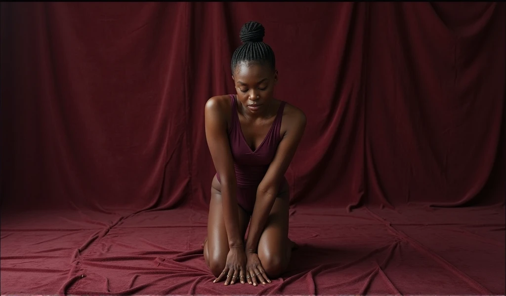 Room, with African woman on the floor, big buttocks, small breasts, looking at the ceiling, earth walls, very realistic, very detailed, with a big light coming in through the window