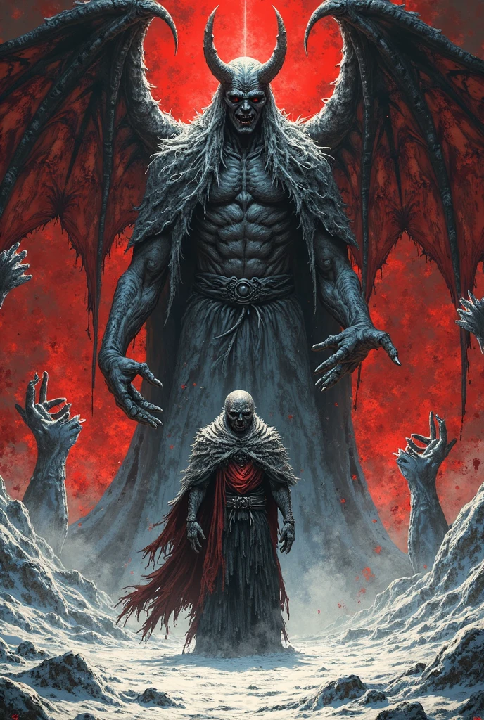 Very scary Lucifer with wings in the middle of a snow forest full of blood on fire, with a human head in one hand and a chain in the other hand terrorizing humans