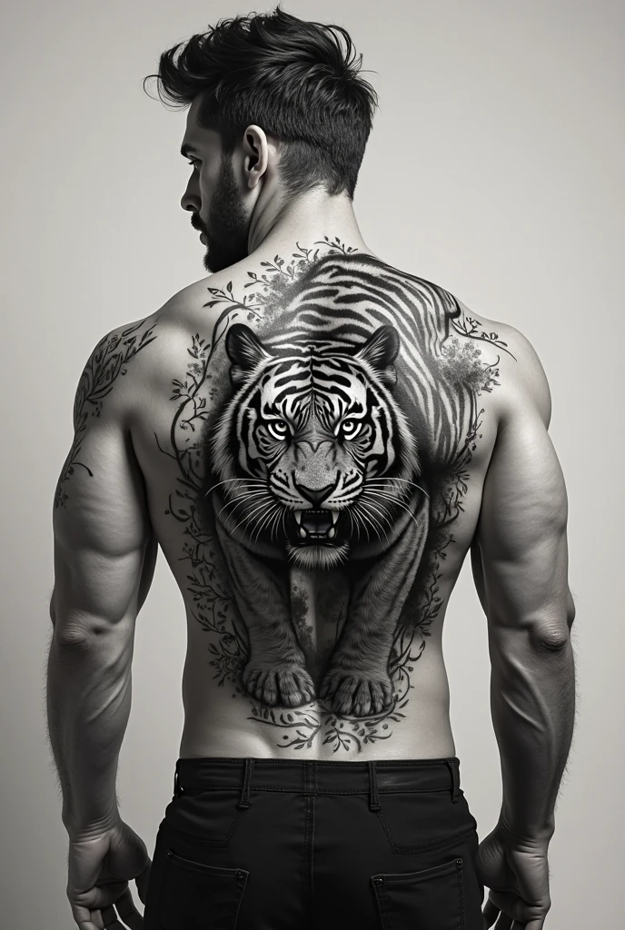 Can you give me a back tattoo of just the face of a panther next to the face of a lion where fire emanates from its eyes?