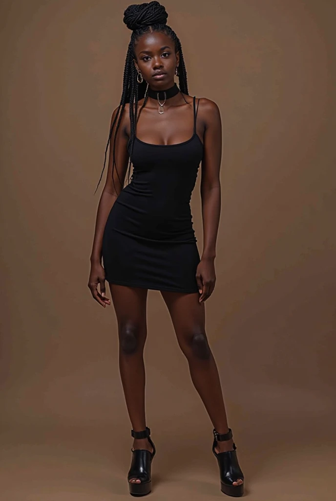 realistic selfie photo of Ndidi Chisom, very beautiful thick Nigerian black young lady with black braids, and light freckles, sunglasses, in a photo studio, influencer, no make-up, black and white dress