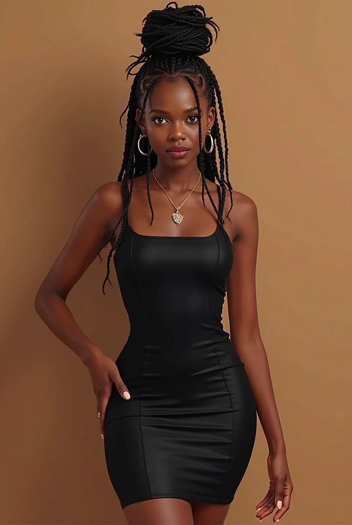 Haitian model, 3/4 angle, super long braided hair, dress, teen, teenager