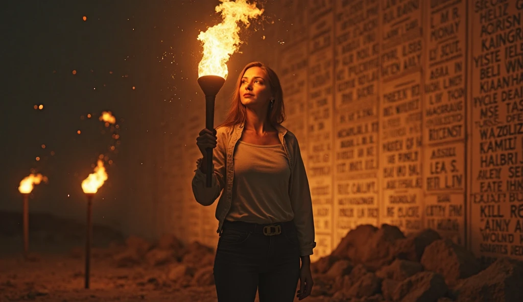 Buxom 22 year old british girl wearing a tight white blouse and tight khaki trousers holding a flaming torch and standing in a power pose, standing at the base of a lush green hill with a ruined castle on top of the hill with a storm brewing in the background.