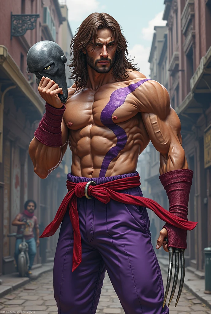 Ele tem 2 metros,e forte,and a humanoid dragon with purple scales,The outfit is a well-ripped black tunic and slightly torn beige pants.,e ele tem algumas partes de armaduras no ombro e no peito