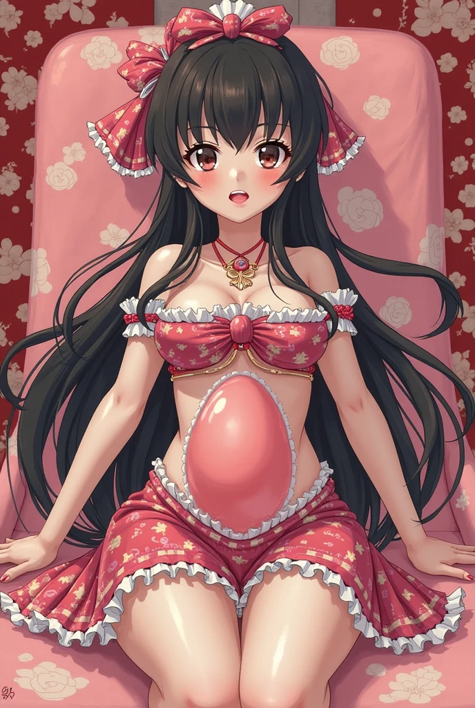 Sakura Jinguji, a beautiful girl with long black hair, wearing a long-sleeved, luxuriously embroidered, super shiny satin pink Chinese dress, is laid on the bed and has her hairy pussy spread open. The pregnant woman is in the middle of giving birth to her baby, with her legs spread wide, sweating and crying profusely.