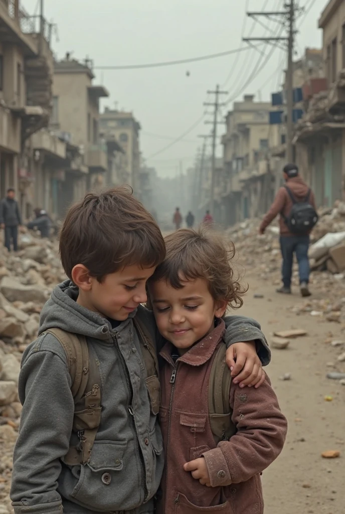 In the midst of the bombed-out city, Gaza, a ten-year-old boy, huddled with Rafa, a girl of similar age, who clutched a tattered teddy bear named  "Sammy." Smoke rose from the distance, a grim reminder of the war that had destroyed Rafa's home. Tears streamed down their faces.