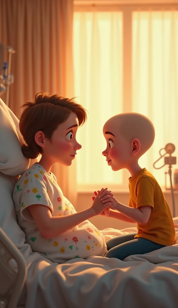A woman with cancer and shaved hair talks to a 5-year-old boy in a hospital