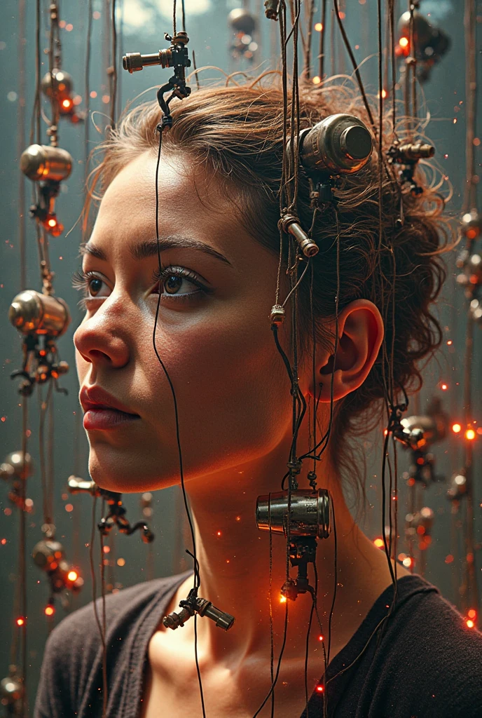 (complex composition:1.3), (detailed and expressive eyes:1.6), (futuristic style), (An intimate portrait of a ????? woman with her entire body tangled by countless red threads:1.2), (flirtatious facial expression:1.2), (closed mouth:1.2), (authentic expression in her eyes: 1.2), wearing dark smoke eye makeup, the photograph captured in stunning 8k resolution and raw format to preserve the highest quality of details. (???? shoulders, small covered ???????:1.3), (her eyes are portrayed with meticulous attention to detail: 1.3), The photograph is taken with a lens that emphasizes the depth in her eyes, (wind billows around her), and the backdrop is a dark studio setting that enhances the colours of the scene. The lighting and shadows are expertly crafted to bring out the richness of her skin tone and the intense atmosphere. Her creative hair adds a touch of contrast against her skin, The overall composition captures her essence with authenticity and grace, creating a portrait that celebrates her heritage and beauty. Photography utilizing the best techniques for shadow and lighting, to create a mesmerizing portrayal that transcends the visual, slightly tilted head,