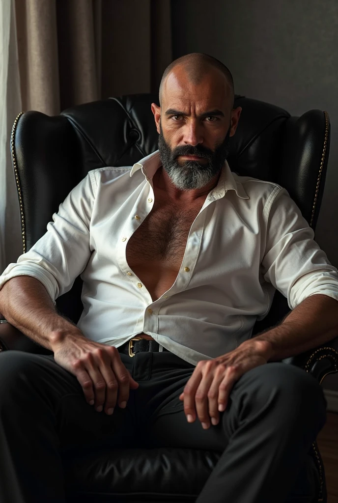 40 years old,Hidetoshi Nakata,(Kogoro Mori 1.3),whole body,Lean,muscle,office,Kneeling,black,foot,black袜子,sofa,Baldhead ,transparent,Thick body hair,underwear,Topless,Densely hairy,Fortitude,HD,With a mustache