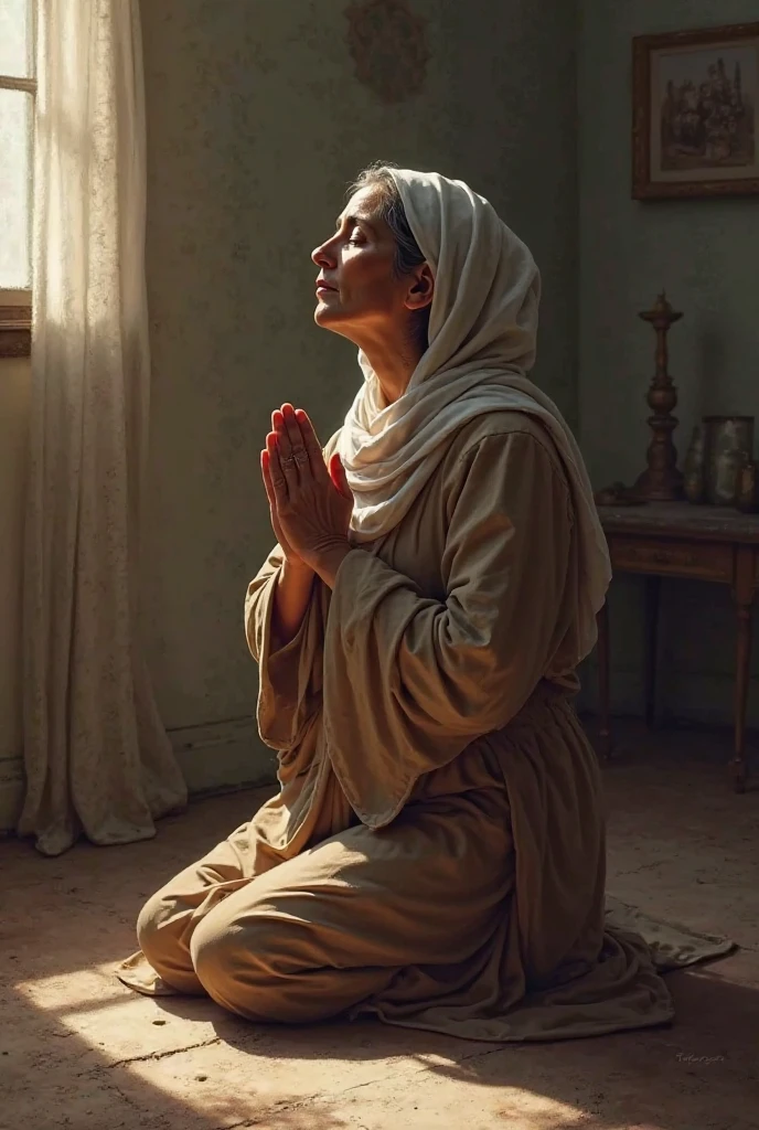 Ana, Mother of Mary, is represented in a realistic scene, in a natural outdoor environment, typical of Palestine. She is kneeling beside an ancient water well, symbolizing purity and life. The evening sun casts a soft golden light on her, creating a serene and spiritual atmosphere. Next to Ana, an angel is represented by a soft light that surrounds him, symbolizing the divine presence and blessing upon your prayer. Ana&#39;s dress is simple and traditional, with earthy tones that harmonize with the natural environment around you. She has her hands joined in deep prayer, expressing humility and devotion. Ao fundo, leafy trees and a clear blue sky complete the scene, highlighting the peace and beauty of divine creation.

