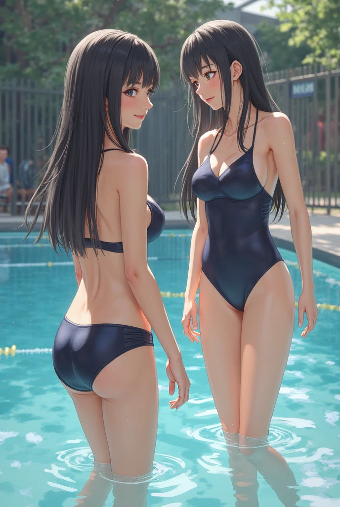 (4K,masterpiece,best quality,ultra detailed),(from behind:1.2),(sitting:1.2),looking back,(daylight,bloom),(solo),(beautiful female),(teenage),(medium hair,beautiful black hair),japanese,(beautiful detailed face,beautiful detailed eyes,finely detailed skin),(medium breast,big hips),(fair skin),slender,light smile,shy,(wet one piece competition swimsuit),(on pool side),(cameltoe:0.1),realistic,