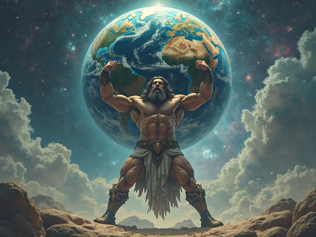 Atlas in space holding a flat planet full body 
