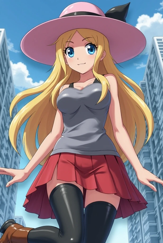 Blonde long hair girl sitting on green grass in park with blue sky and buildings in the background(Futuristic)
