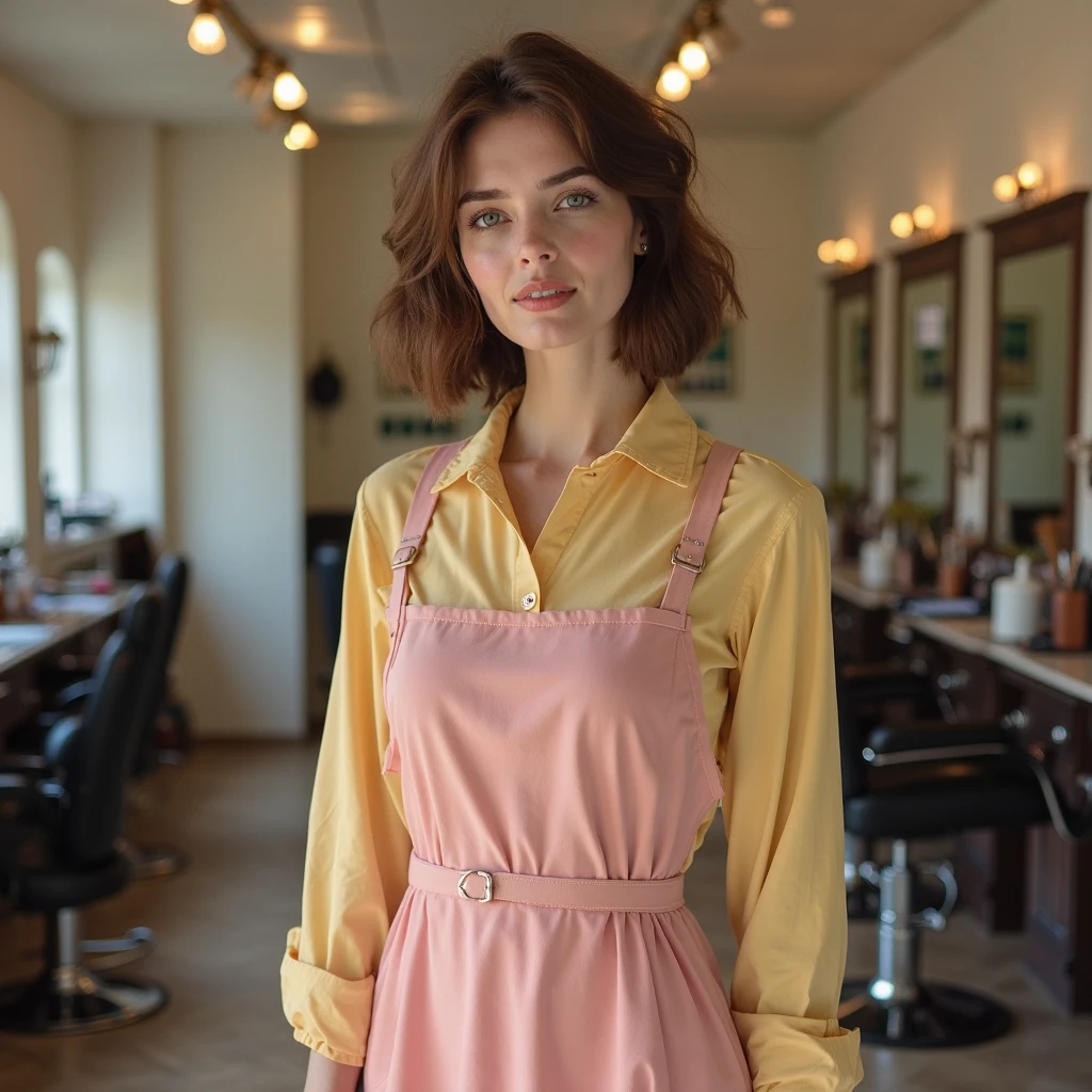 (Art Photography, Award Winning) TrualityCampus_Monique is (skinny), (Retro barber shop with classic barber chairs and vintage grooming tools) (wearing holographic jacket, oxford shirt , multicolored calf-length socks , wool apron) (Spiral curls) by Steve McCurry, 35mm, F/2.8, ((Photo Focus, DOF, Aperture, insanely detailed and intricate, character, hypermaximalist, beautiful, revealing, appealing, attractive, amative, hyper realistic, super detailed))(DOF, blurry background), Smiling facial expression