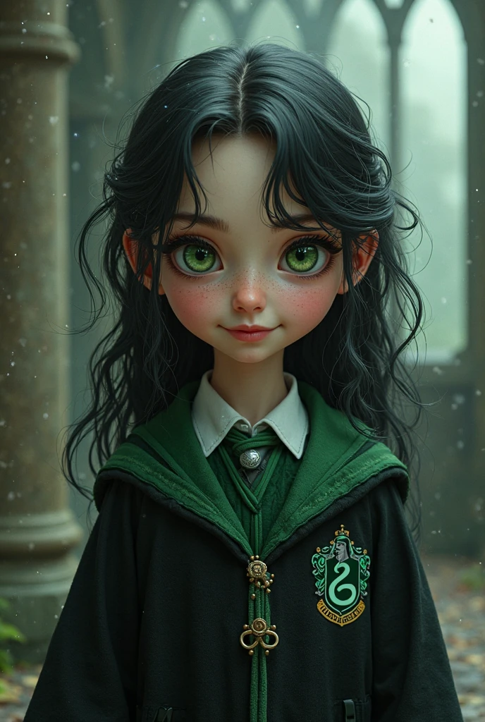 young 9-year-old daughter of severus snape,((highest quality)),(ultra high resolution),(Super detailed),(detailed description),((best CG)),(best work of art) ,black hair、radiant green punk girl, (Dark Wizard), sexy, wild multicolored hair, lithe, black hole, darkstar style,