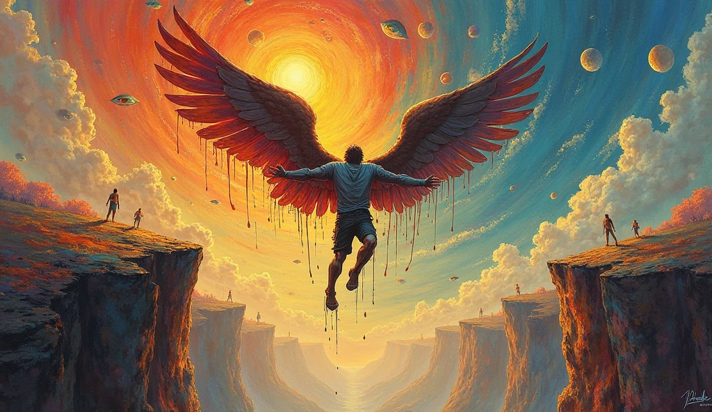 **Image Concept:**
- **Central Figure:** A stylized representation of Icarus falling from the sky. His wings are melting as he gets closer to the sun, which can symbolize excessive power and confidence.
- **Backdrop:** In the background, a cityscape that represents modern Bangladesh, with key landmarks like the Padma Bridge and other symbols of progress. This could show the achievements of Sheikh Hasina's government.
- **Sun Symbolism:** The sun can be depicted with a dual meaning—both as a symbol of ultimate power and as an overbearing, destructive force.
- **Political Overtones:** Incorporate subtle elements that represent political suppression, such as shadowy figures in the background or symbols like a gavel or a broken chain to represent the judiciary and suppression of opposition.
- **Falling Feathers:** As Icarus falls, his feathers could morph into symbolic items like broken scales of justice, shattered microphones, or other representations of lost democratic values.