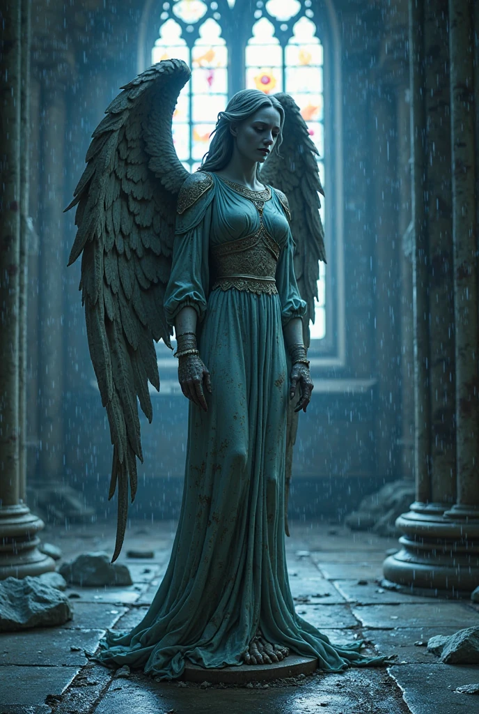 (spooky) photography of arcane magical (library), abandoned intricate detail, many levels, (spooky), dusty. tall ((((statue))) ((female girl woman))), close up middle ages, medieval, ((nude, (wings))), podium, jewelry, (realistic:1.3), masterpiece, high quality, realistic lighting, lamps, 8k, hdr, painted ceiling, (broken windows), ((ritual pentagram floor molten glowing altar)) circle, steampunk