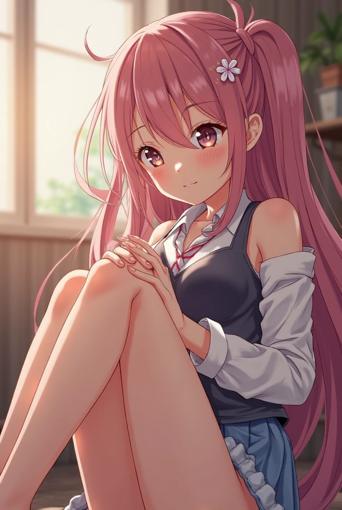 photorealisim、top-quality、超A high resolution、a picture、Extraordinary beautiful girl、Highlights of cheek luster、Detailed cute and beautiful face、(pureerosface_v1:0.008)、Beautiful bangs、Glowing white shiny skin、Bangs between the eyes、shiny and beautiful hair、Silky pink hair、finer hair、High-definition eyes、Beautiful, Bright and clear, Big yellow eyes shine charmingly、eye liner、Double eyelids、Full body like、red blush、embarrassed from、shiny little necklace and earrings, shiny lips: 1.4,  (Shy laughter)、Kamimei、red blush、Tears are embarrassing、(white buttons shirt)、((Denim Mini Skirt))、((Blue lace panties))、((Open knees))、((open one's legs))、((Disheveled clothes))、((Dressing))、Puffy nipple、Neat and clean female 20-year-old female teacher、pink hair, bangs flowing diagonally, Medium Wave Long Hair, yellow eyes, medium breast size, (sit on stairs)