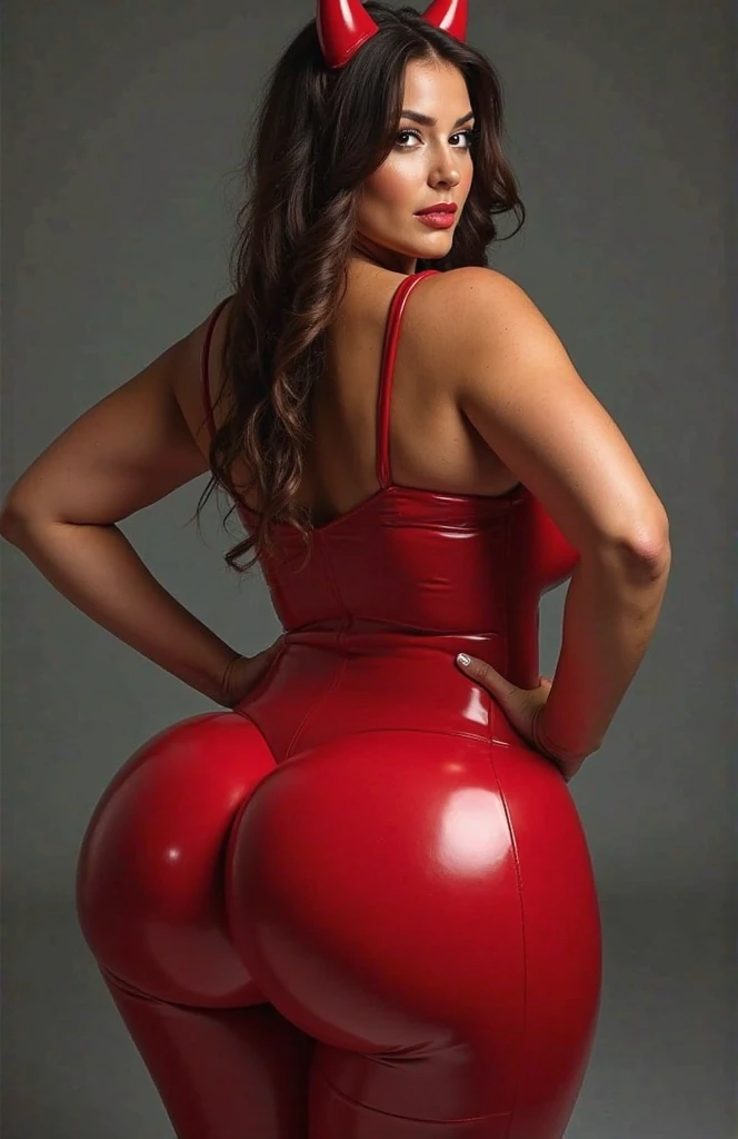 MILF, mexican, BBW, photo vintage, visage feminin parfait, cheveux tres LONG, tache de rousseur, 1968, big huge breasts : 38H, REAR VIEW, ( RED latex suit, V-NECK, BIG CLEAVAGE, BEAUTIFUL EYES, BEAUTIFUL HANDS, LIGHT SMILES, PERFECT FACE,, tres long décolleté, RED COLOR background ) , aroused, TITS IN FOCUS, NORMAL EYES, DEATAILLED EYES, PAIRED EYES. SMILING, FULL BODY, PERFECT ASS