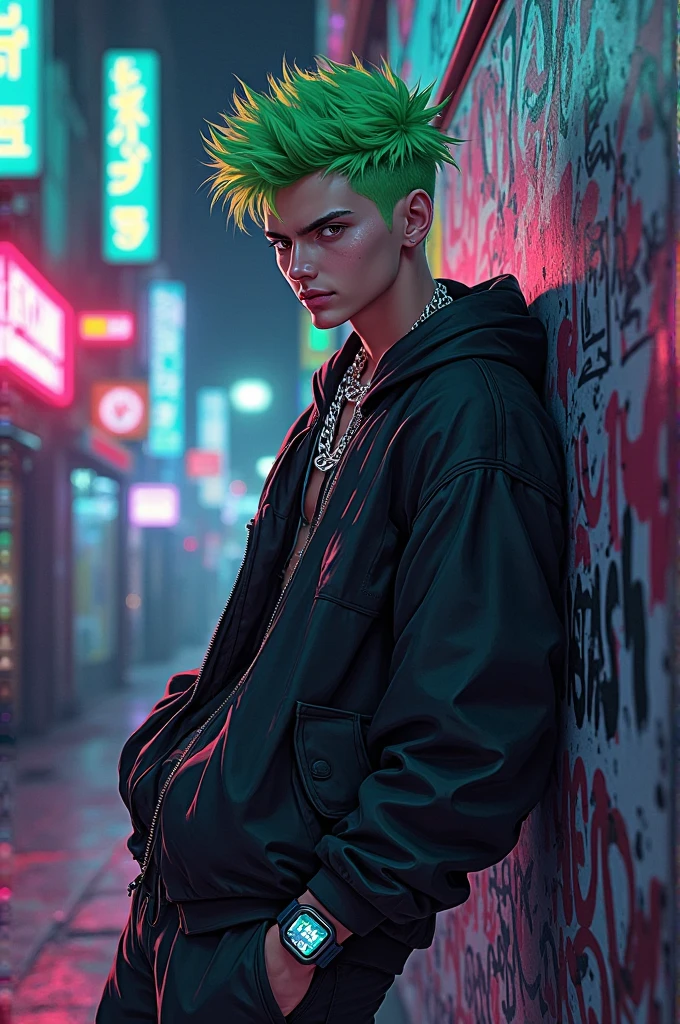 (boy, white yellow hair, cool black open short jacket, tatoos, messy fade cut hair, crazy, sit pose, on futuristic neon night street background,