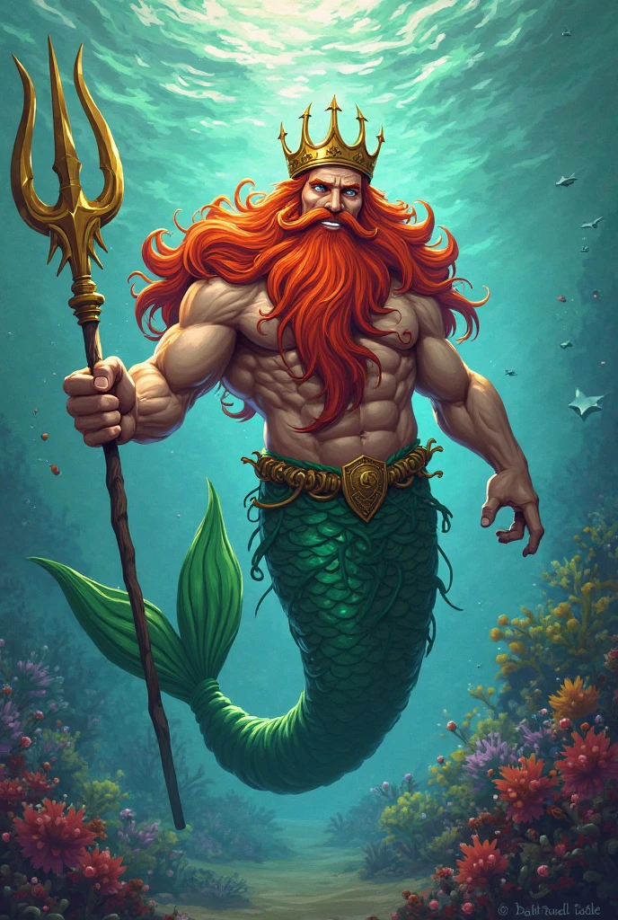 2 man,two handsome men,purple hair and orange hair,shirtless, hairy, ((purple goat beard and pronounced mustache)), robust and slender, hunky, stocky, (mermaid,colorful mermaid tail,),detailed, masculine,on the seabed, beautiful corals, (best quality, 4k, 8k, high resolution, masterpiece: 1.4), detailed facial features, rays of light, water reflection