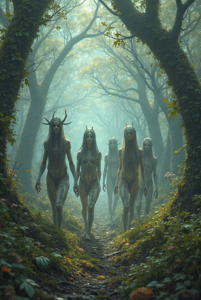 mythological nude women in a forest, inspired by Titian