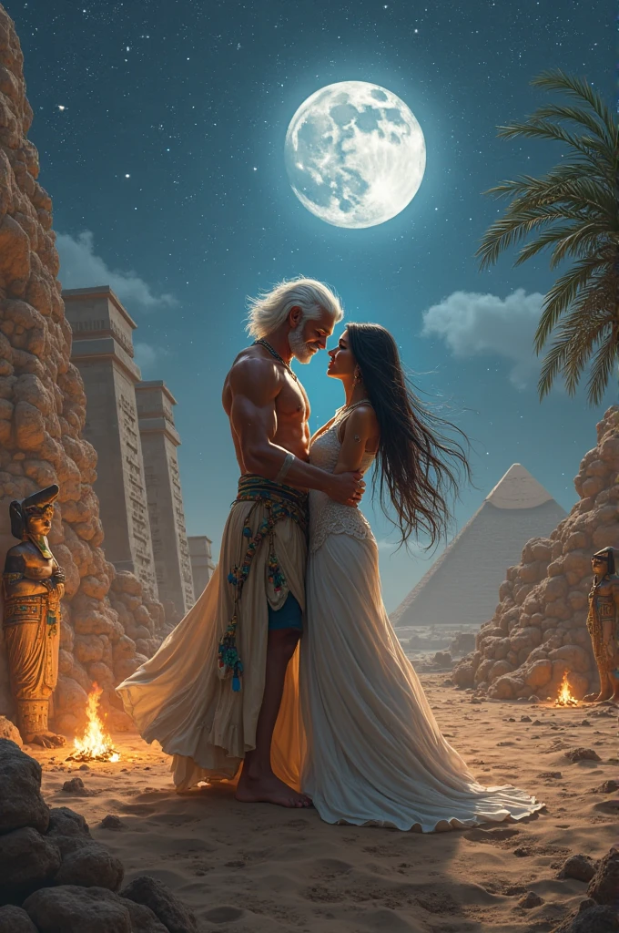 torches, natta、Candlelight、A desert、great plains, Great Pyramids of Egypt、The Three Great Pyramids of Egypt、in 8K, Highest Quality, Ultra Details, Breathtaking sunset.realisticlying, hight resolution, strong naked man、No chest hair、Two men and women、Korean Male、Korean female、Man and woman staring at each other，Man and woman facing each other、Silver hair, e Blue Eyes, black lace up panties，Bondage Fashion, The tattoo, piercings, a necklace、A bracelet、Bloods, 　Sweaty skin、dripping white liquid, Large amount of liquid , Gel that adheres to the skin, Beads of sweat dripped down my buttocks、Large chest，Wide buttock，Angle from behind, Angle from the front、Women's buttocks，kneel down on the ground，sideways person、person looking at camera，ssmile，wide wide shot，Cinema Lens，Skin glow，
