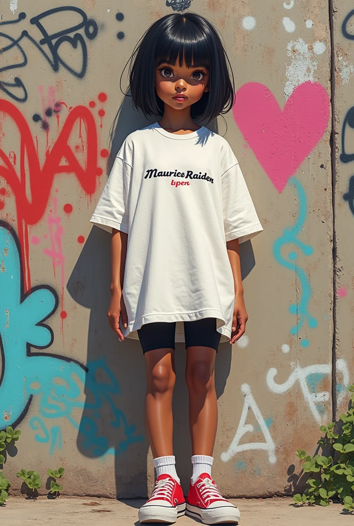 black teenage girl, brown long hair, gray eyes, breasts big, short clothes