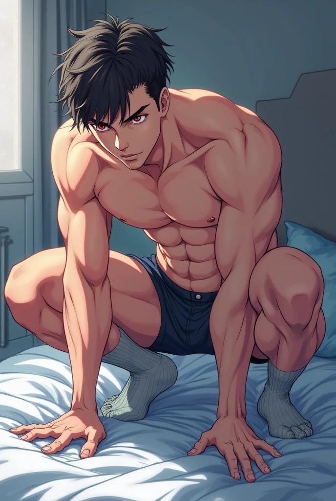 Homem musculos de cabelo branco e olho azul sem camisa e sem cueca deitado em uma cama