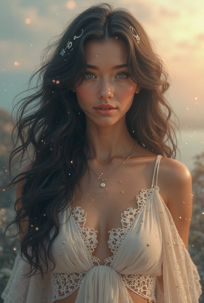 Beautiful girl with wavy long hair, bohemian dress, 