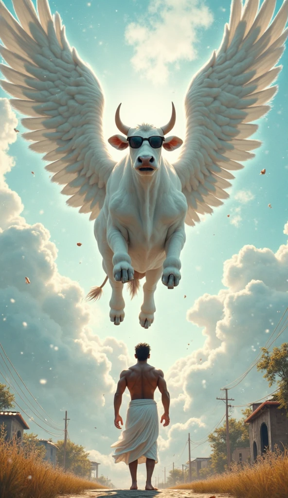 A flying goat with big horns and a new school  rapper on it holding the horns with his hands 
