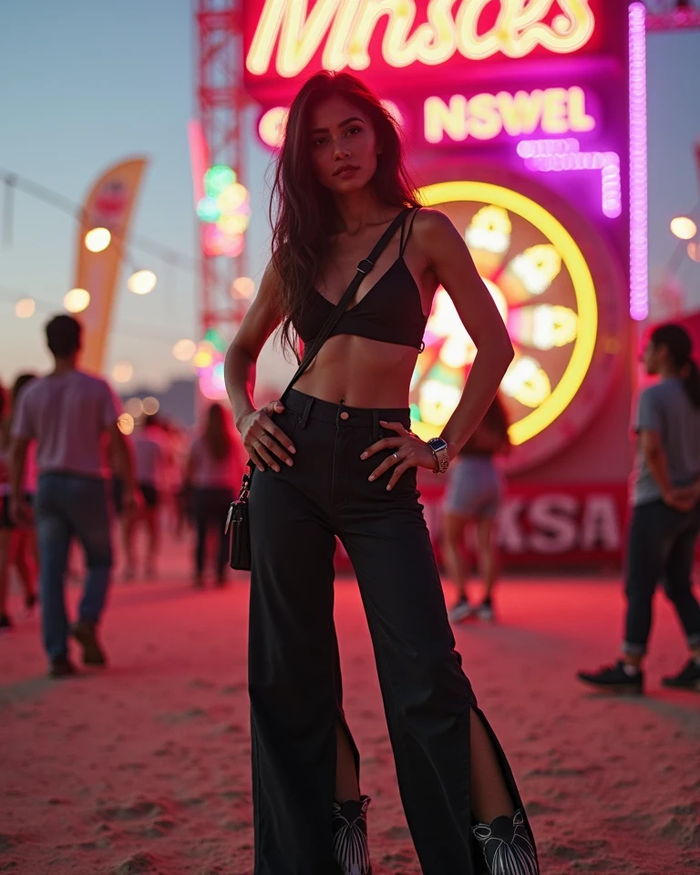 “Create an HD Ultra Realistic image of Young Attractive Asian Woman Sophie Tan posing for a Y2K fashion shoot. Sophie is dressed in a glittery blue off-shoulder top and low-rise denim jeans with rhinestone embellishments, accessorized with neon green platform sandals and a silver chain belt. She stands in a vibrant outdoor festival scene with colorful tents and neon lights. Capture this scene using a professional camera with a 35mm lens, emphasizing Sophie’s relaxed pose and the sparkling textures of her outfit (1.3). The festival background should be blurred to focus on Sophie, with post-production enhancing the neon glow, adding a vignette effect, and using a warm color filter to achieve a lively, Y2K aesthetic (1.4).”