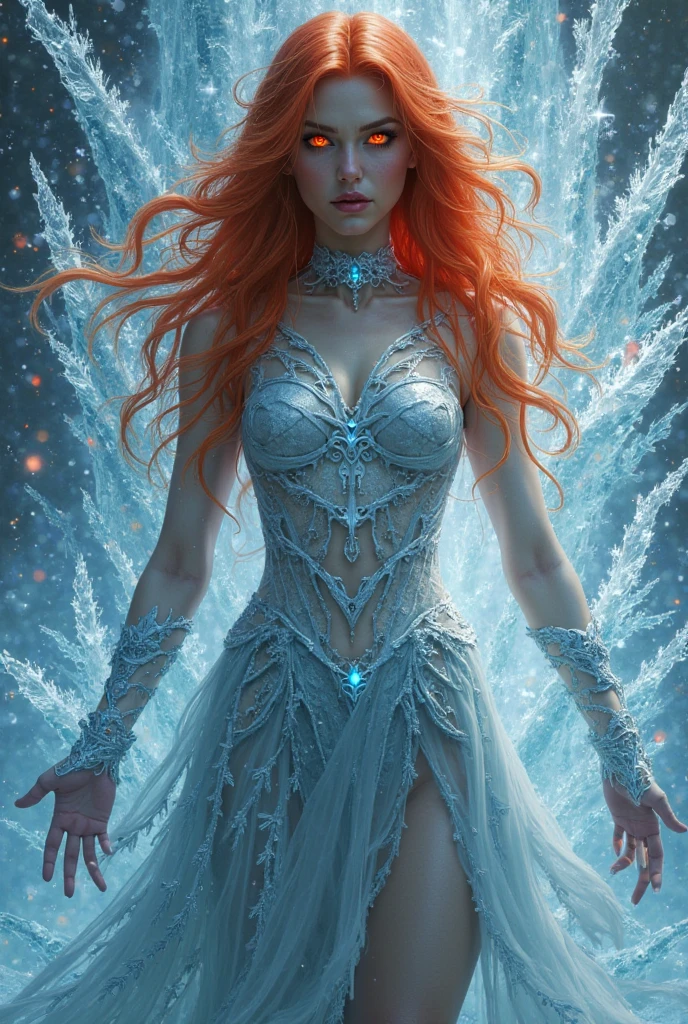 Fantasy Art, realist, Beautiful model presenting a dress made of ice and fire., (Best Quality, 4k, 8k, high resolution, masterpiece: 1.2), ultra detailed, (realist, fotorrealist, fotorrealist: 1.37), Hiperrealist, extremely detailed,  will radiate an unreal glow, long red hair in the air, with freckles, medium breasts, Your sensual curves will become almost transparent, including sound waves, create music, masterpiece.