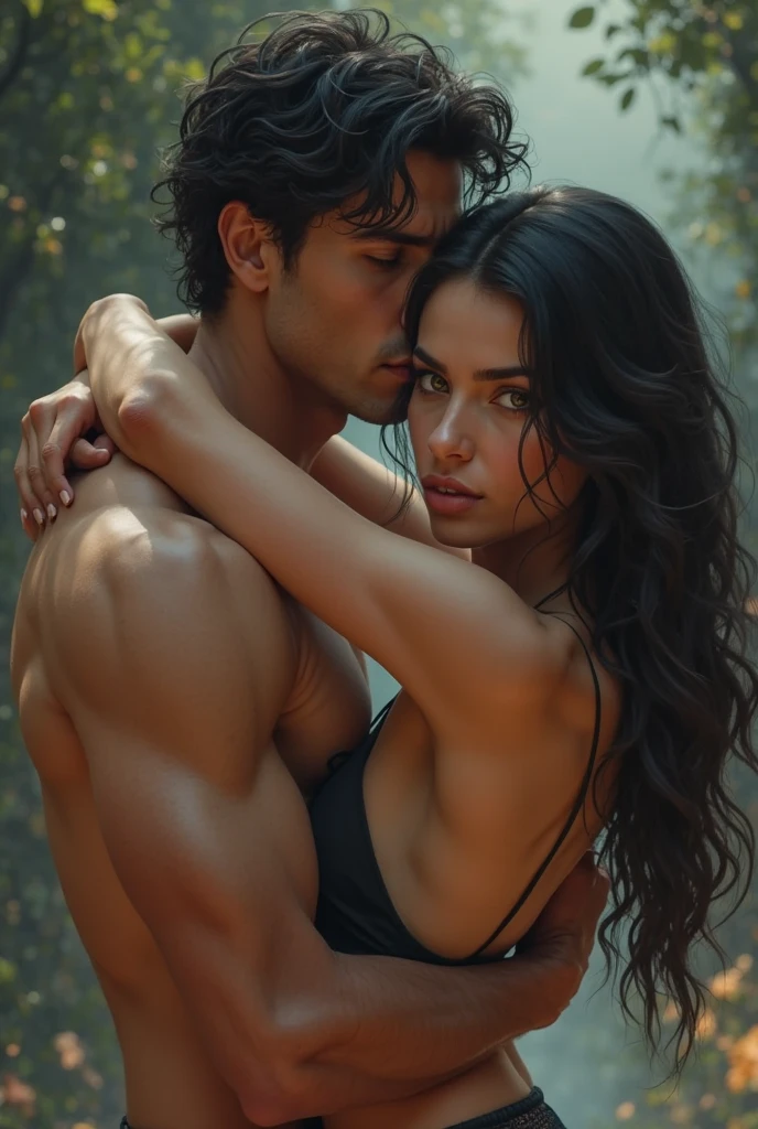 1 girl with long dark wavy hair, dark skin, dark eyes, Latin features and 1 white boy with light brown hair, brown eyes, holding her by the waist, looking at each other.