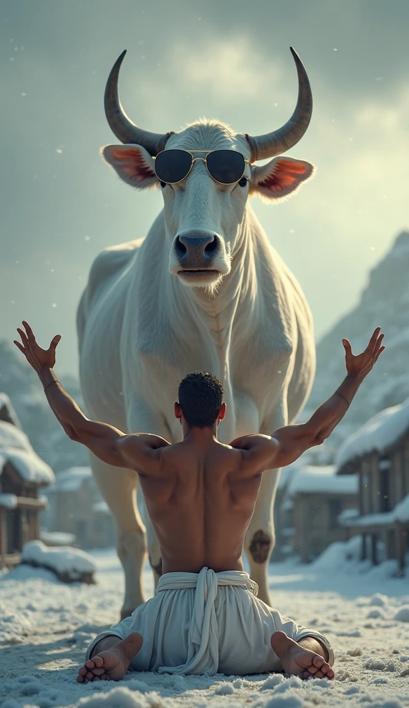 A strong man takes a daily bath in the river with a cow on his head