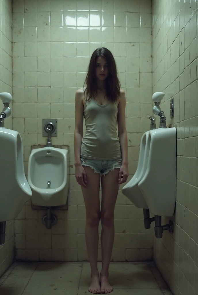 European skinny young teenage girl being treated like animal beast, at school,  pokie flat chest, dirty bloody skin, seducing pose, sitting on the floor, bruises, bloody scars, hidden camera, horror videogame trailer, hairy, empty house, correct anatomy, hiding in school toilet