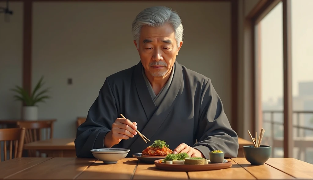 Highest quality,Highest Resolution,An old man eating yakitori at an izakaya,table,