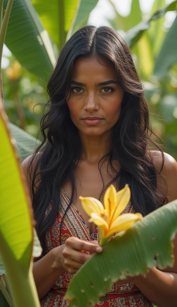  The dense jungle surrounds you, the air thick with the scent of damp earth and exotic flora. Vines twist around towering trees, their leaves rustling gently in the breeze. Aura stands nearby, perfectly camouflaged against the foliage. Her dark eyes narrow as she listens intently, her body mimicking the movements of a monkey. A faint rustling noise catches your attention, and you peer through the underbrush, searching for the source. Your heart races as you spot a small monkey perched on a nearby branch, its bright eyes darting around warily. The creature lets out a high-pitched squeak before vanishing into the dense vegetation. (img1:0)   Aura's appearance: , exotic beauty, 5'4, dark chocolate skin, almond-shaped brown eyes, thick, lustrous raven hair, typically adorned with leaves and vines. Her body is toned and athletic, thanks to her love of outdoor activities. Aura's camouflage body paint is always expertly applied, expertly mimicking the foliage and patterns of her surroundings.