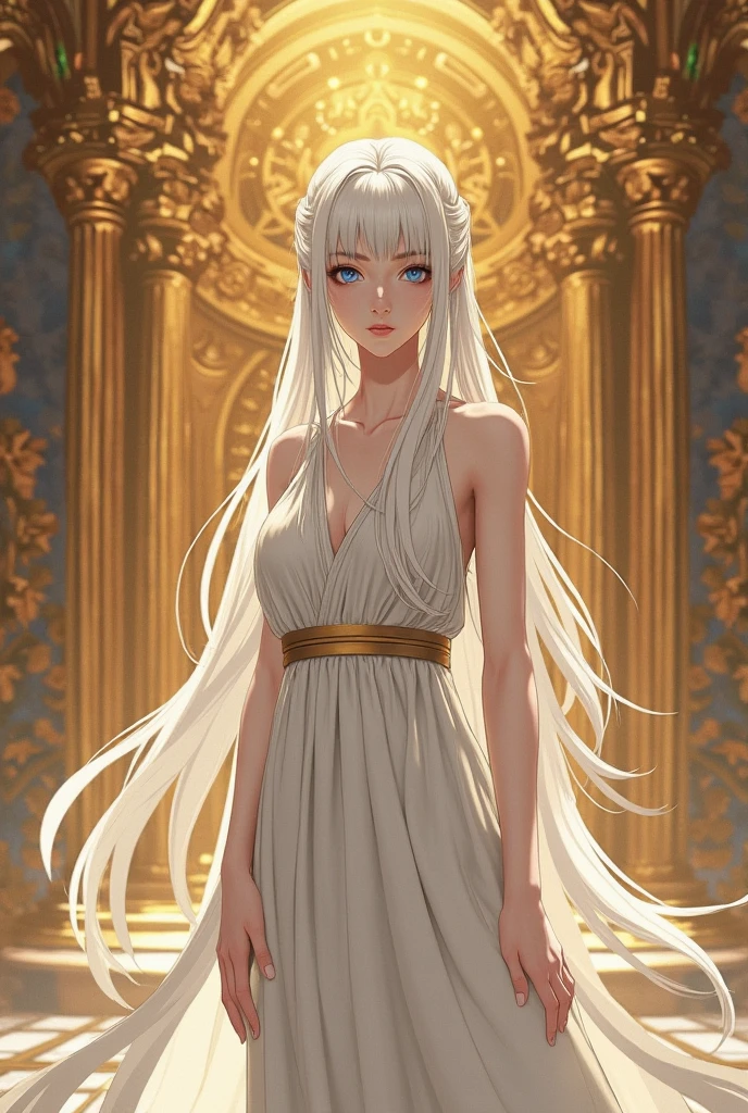 1girl, beautiful teenage girl, beautiful 13 year old girl, very small breasts, long wavy white hair, thin jaw, large white sash covering breasts, golden decorations, portrait, oil painting, realistic proportions, intricate, intricate details, sharp focus, beautiful female body, classical painting, outside, greek temple