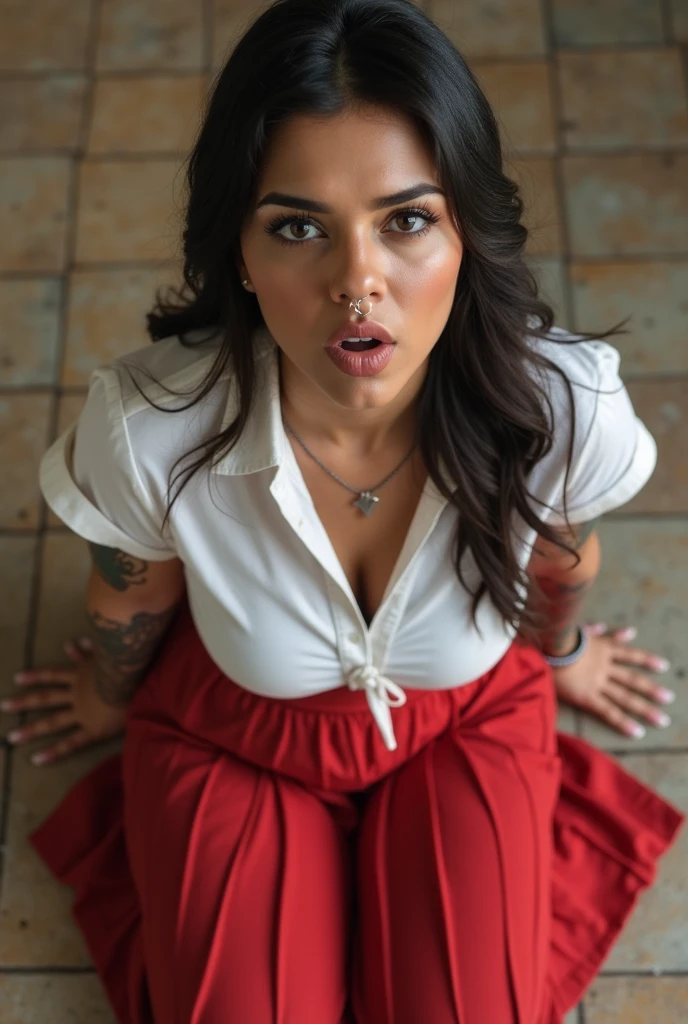 Forty-year-old woman, her name is Vane, she is fat and obese, an elongated stupid face is subnormal, long, loose and curly hair, messy and dirty, crying, metal gag in her mouth, scared, urinated, frightened, desperate, tired , asks for mercy, yellow, red and checkered shirt blouse, very long, silky, soft brown. Her evil bald husband pulls her hair hard, pulls her ears and hits her ass with his trouser belt, throws her to the ground, drags her, yells at her furiously, punishes her in the medieval town square. vaginal pear tied hands to a wooden cross resting on the vaginal pear, buried up to the waist it has been in the summer sun for hours. Number one man spanking a woman. gagged