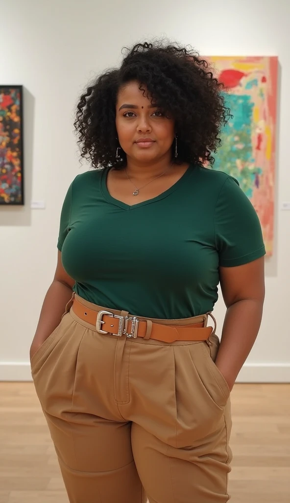 A fat lady of small stature with black curly hair , round face big eyes bushy eyebrows small nose a serious attitude tan skin give me a full body picture