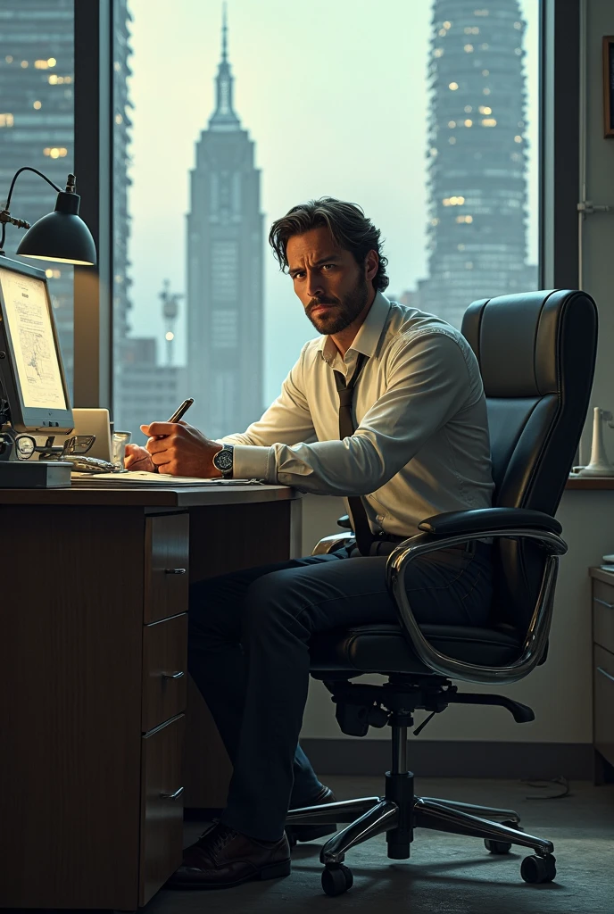 color comic book cartoon avatar of a Caucasian male sitting behind a desk in an office setting wearing a jacket and shirt suggesting a formal or professional environment behind the Caucasian male is a painting on the wall and furniture that appears to be part of an office such as a chair and a desk with a pen holder. The overall scene conveys a sense of a professional meeting or a person of authority in their workspace.