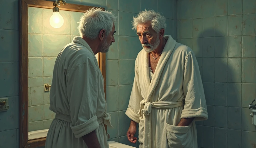 Batman, wearing only a mask, sits in front of a skinny old man named Alfred and gives him a blowjob in the shower.