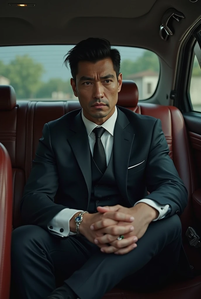 30 years old,daddy,"shiny suit",wear white shirt, very glossy pants, necktie, waistcoat, shiny satin trousers,dark gray satin fabric ,Dad sit in car, k hd,in the office,"big muscle" ,black hair,asia face,masculine,strong man,the boss is,handsome,,leather gloves,lecherous dad,look straight ahead,dad is handsome,dad is handsome, dad is "big horny daddy"
