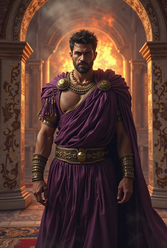 ((artwork)) ((body completo)) ((Full body inside the image)) ((30 year old man)) body: brownish skin, high, muscular, ((hairy chest)) ((platinum ruby hair)) male face, barbarian, pretty eyes, detailed eyes ((gold eyes)). Expression: seductive, sonrisa seductive. CLOTHES: Red Greek Cape, TOGA BLANCA, gold ornaments, greek prince ornaments. pose: dynamic. scene: greek temple, Greek columns. Decor: winter, Decor de winter brillante, wonderful lighting.